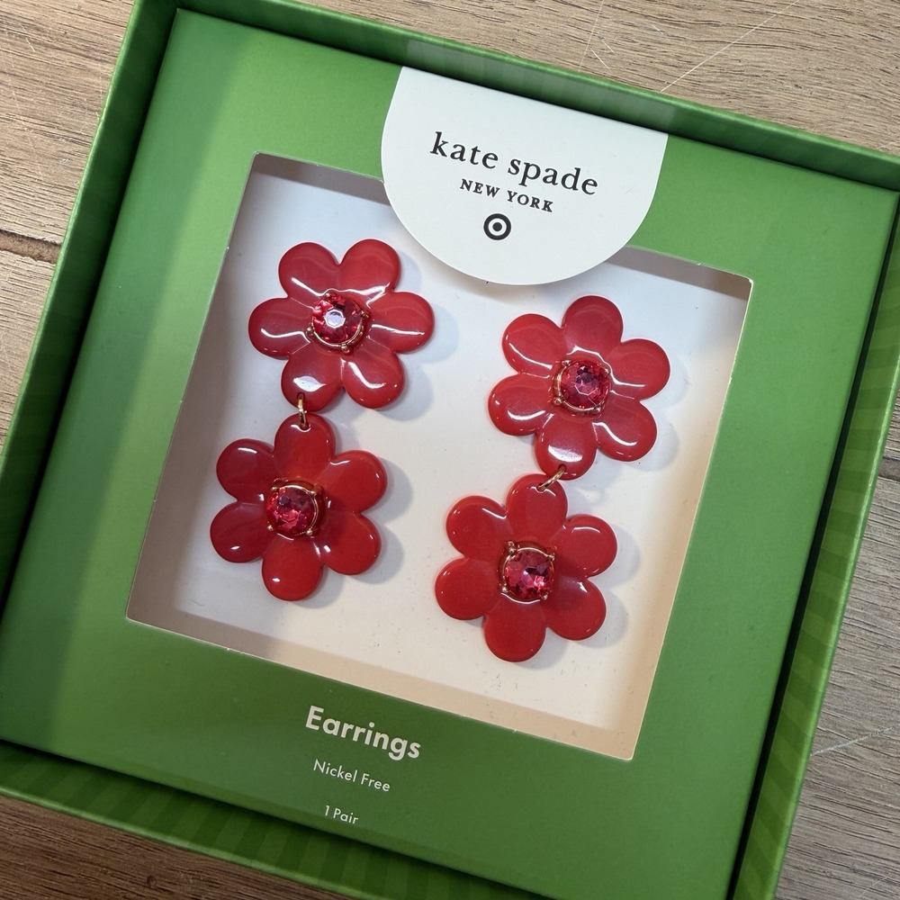 NEW in BOX * Kate Spade / Target * Red Flower Linear Pierced Earrings - Picture 2 of 4